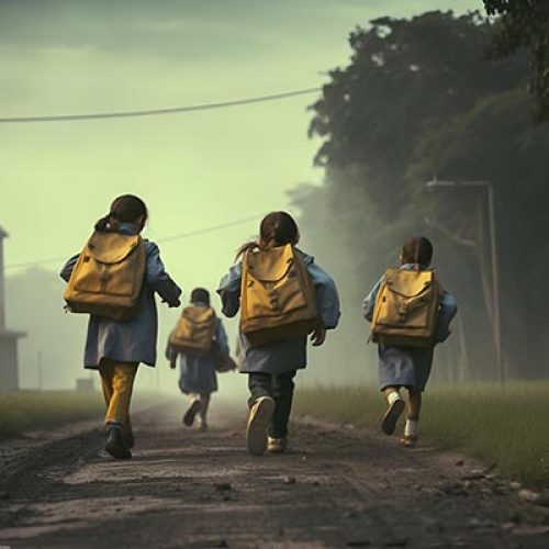 group-children-wearing-school-uniforms-walk-down-dirt-road